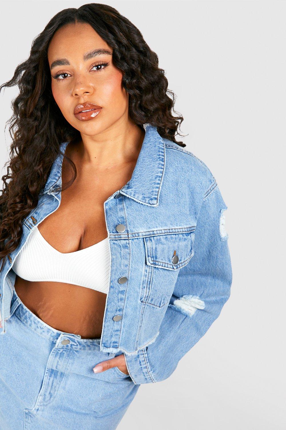 Cropped denim sale jacket boohoo